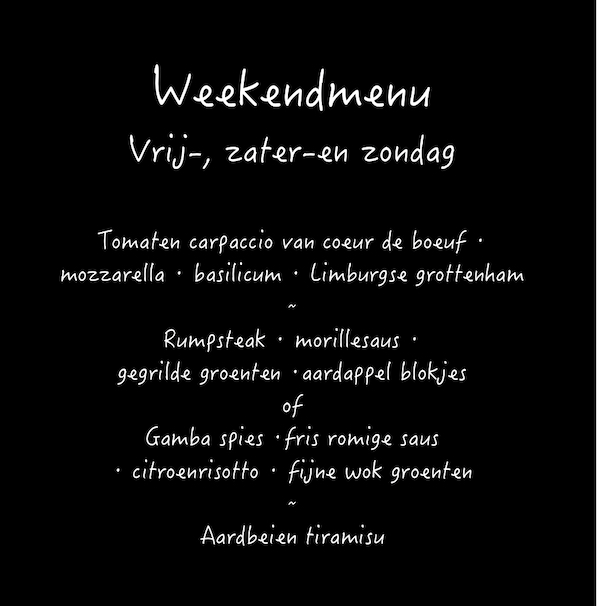 vrijdag zaterdag zondag menu